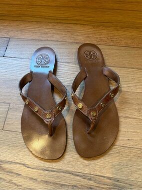 Tory Burch Brown Leather Stud Flip Flop Sandals